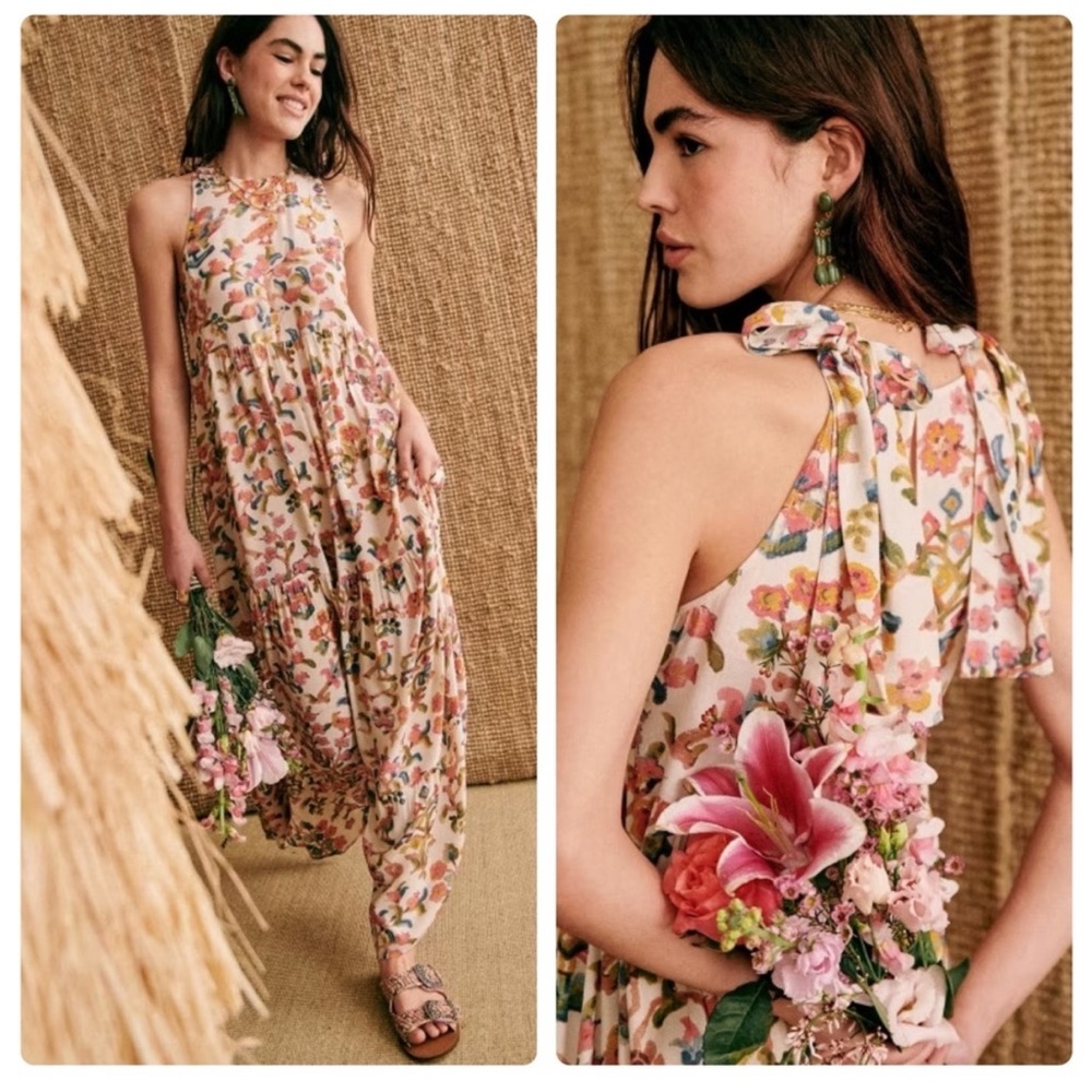 Sezane Dolce Dress Maxi Villa Print Tree of Life Floral Bird Ecru Size 44 US 12